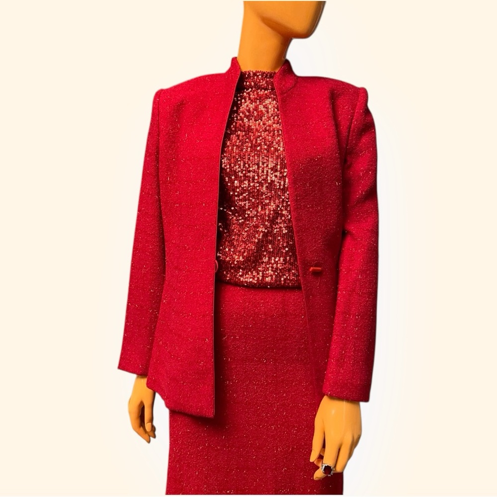 KASPER Red Sparkle Tweed Plaid Petite Skirt Suit - Picture 3 of 17